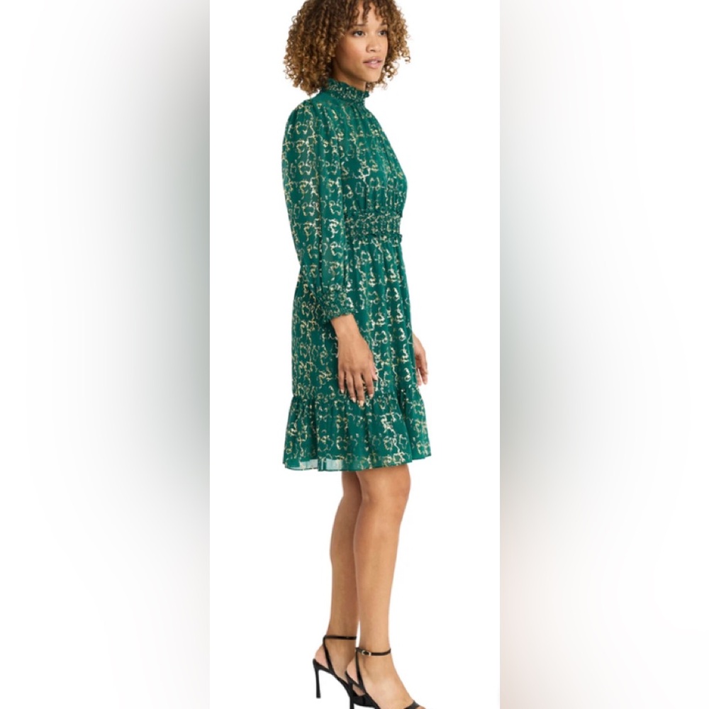 Maggy London Dress Women Sz#24W Lond Slevees Green/gold Metalic Flare Midi New